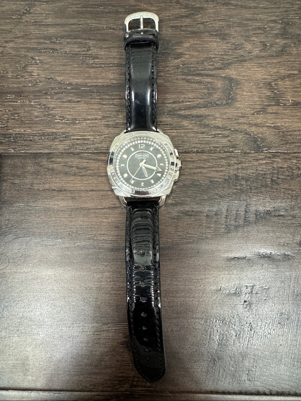 Coach Black Leather Strap Crystal Accent Watch